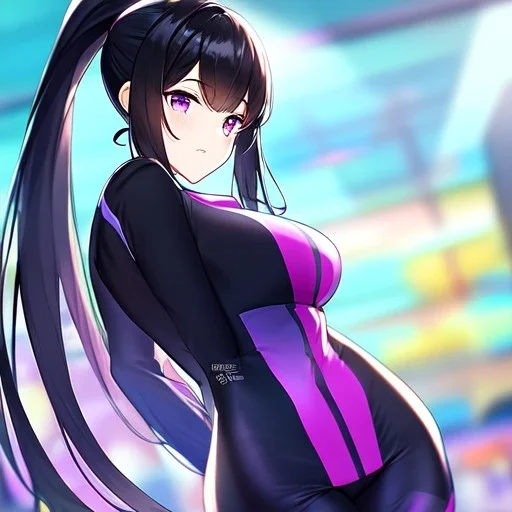 Clear focus, 8k, beautiful lighting, vibrant colors, girl, black hair, long hair, purple eyes, ponytail, bike outfit,