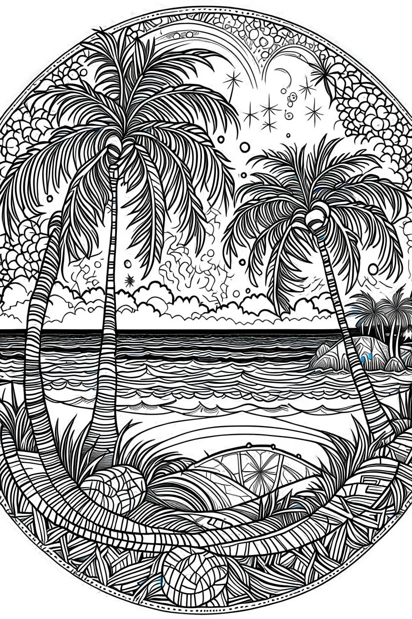 Mandala of moonlit beach with starlit palm trees, in black and white with distinct lines, perfect for an adult coloring book, contour, vector, clean line art, isolated on a white canvas