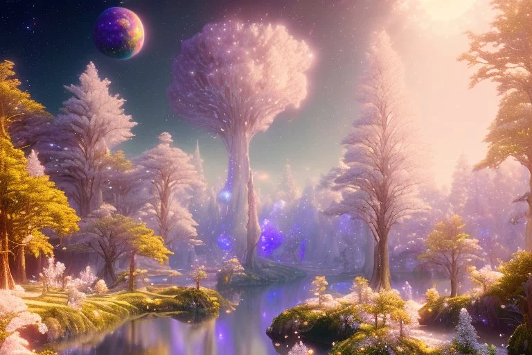 white and gold crystal cosmic and galactic ambiance river sky trees , full of details, smooth, bright sunshine，soft light atmosphere, light effect，vaporwave colorful, concept art, smooth, extremely sharp detail, finely tuned detail, ultra high definition, 8 k, unreal engine 5, ultra sharp focus