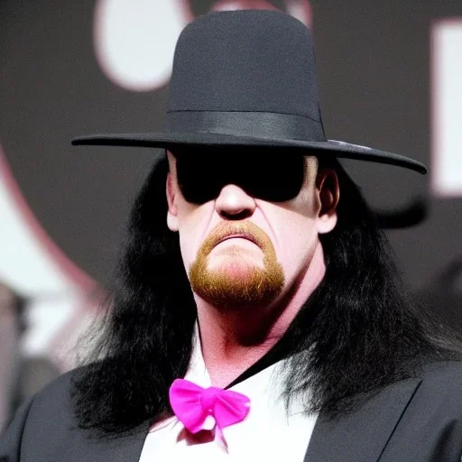 the undertaker wearing a pink bow on his head