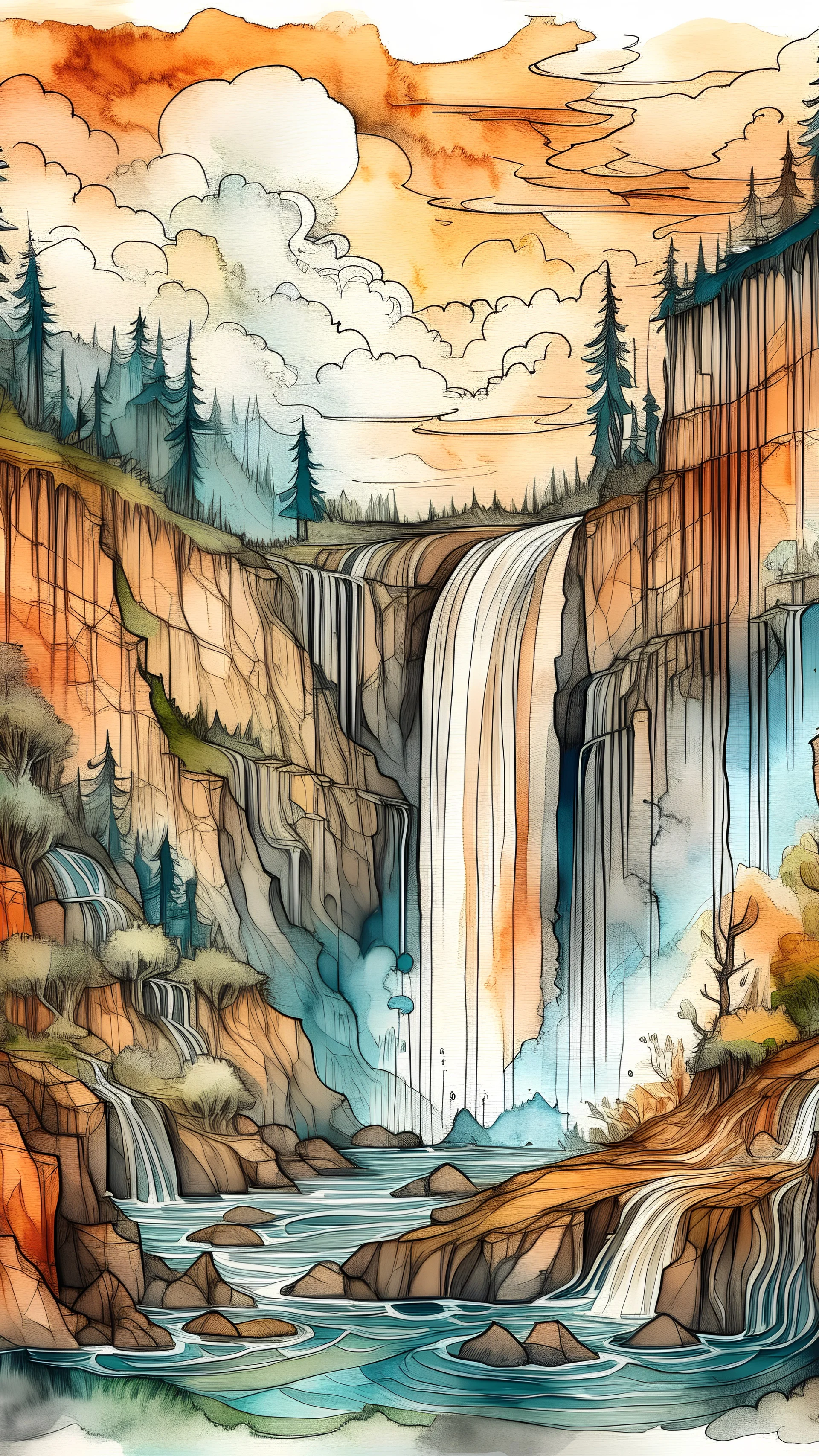 imagen de un paisaje que tiene magia,waterfall, lineart, watercolour