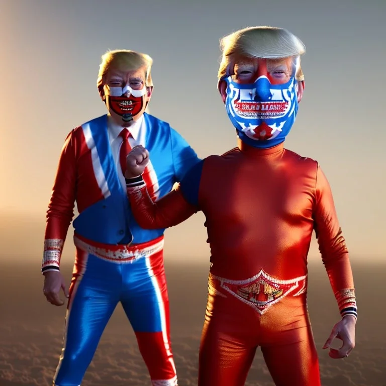 realistic image of donald trump as a mexican wrestling fighter posing outdoors, Mexican eyes wrestling mask, red and blue breeches, suspenders, retro style, 80s, vibrant color, highly detailed, sky background, concept art, unreal engine 5, god rays, ray tracing, RTX, lumen lighting, ultra detail, volumetric lighting, 3d, finely drawn, high definition, high resolution.