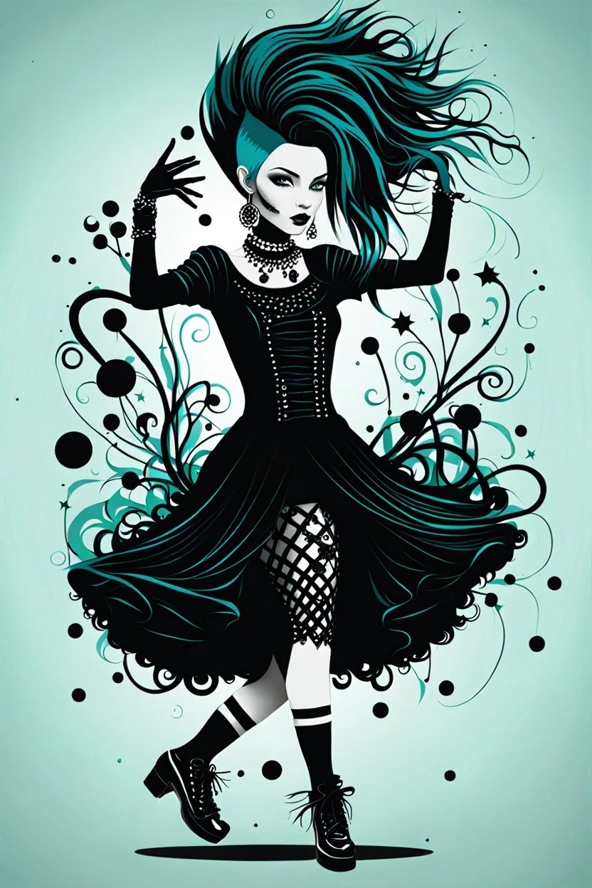 Create a wild, imaginative, whimsical and surreal dancing goth punk girl in the vector graphic style of Nirak1utilizing simple shapes