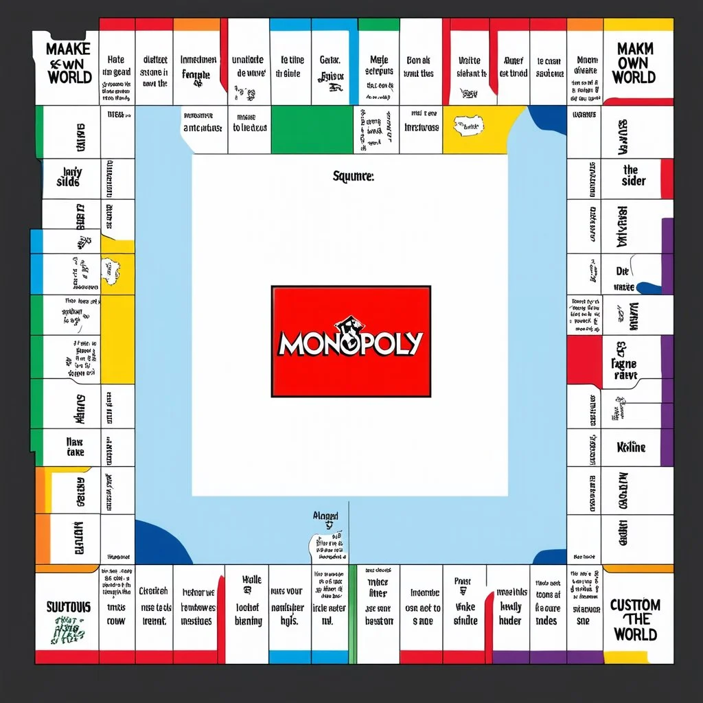 create a custom monopoly style board GAME with: 1 row of EQUAL SIDES 12 SQUARE EACH SIDE WITH A BIG SQUARE IN THE MIDDLE. MAKE THE WRITING IN THE MIDDLE SAY OWN THE WORLD ,