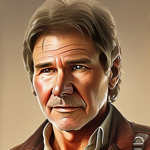 stunning photo realistic detailed head to waist portrait of harrison ford as han solo in star wars with photo realistic short hair, brown eyes, professional painting by drew struzan, trending on artstation, Sharp focus, weathered skin,space jacket from star wars