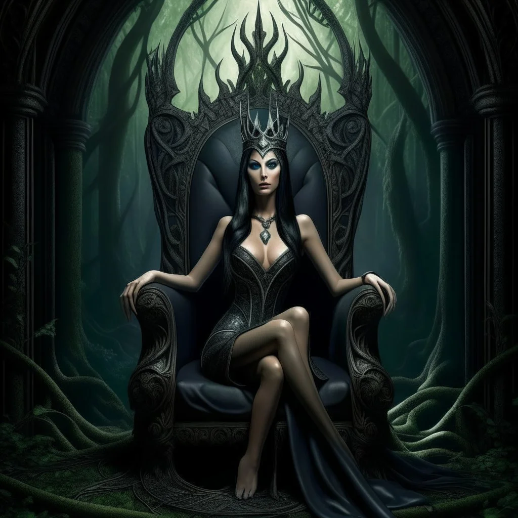 Morena Baccarin as a beautiful sexy dark elf queen seated elegantly on a throne in a mystical forest, dark celtic vignette frame