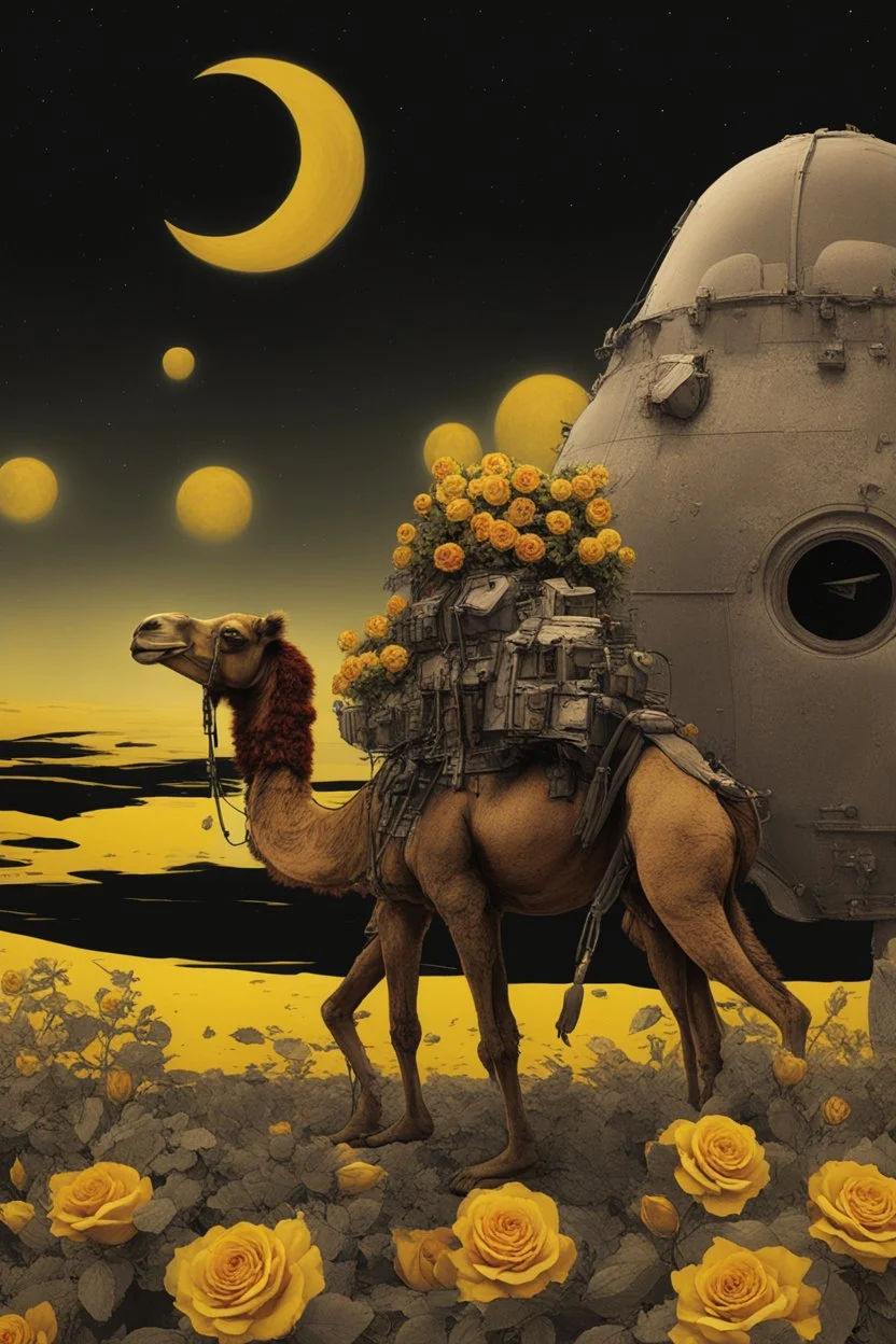 A weird abstract image of an oasis, a camel, astronot, broken bicycle, bush of yellow roses, clear skies with red moon, army tanker, weird, chaos80