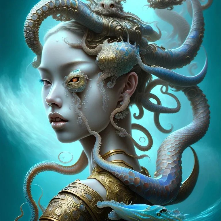 Sango fantasy, fantasy magic, intricate, sharp focus, illustration, highly detailed, digital painting, concept art, matte, art germ and Paul Lewin and Kehinde Wiley, masterpiece Japanese mermaid head bronze octopus' Asian African girl nice breast Thai hair turquoise silver blue under water