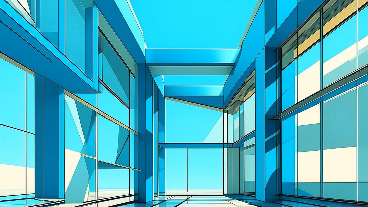 Abstracción arquitectónica inspirada en el futurismo y la ilustración conceptual, orden y proporción como protagonistas, vacío absoluto sin figuras humanas, sensación de eternidad, diagonales de sombras y techos que dirigen la mirada hacia el horizonte, repetición de marcos rectangulares que crea profundidad infinita, colores simbólicos, azul cian frío para el espacio y ocre cálido para la estructura, sombras exageradas, perspectiva dominante, influencia de de Chirico.