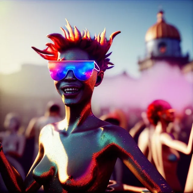 Ultra Realistic photo, medium shot view, drunken dancer naked woman, carnival scene, monster hair, steampunk. Red hair, confeti, Sunglasses, smile, happy, festival, gradient color fog. highly detailed, concept art, unreal engine 5, ray tracing, RTX, lumen lighting, ultra detail, volumetric lighting, 3d, finely drawn, high definition, high resolution.