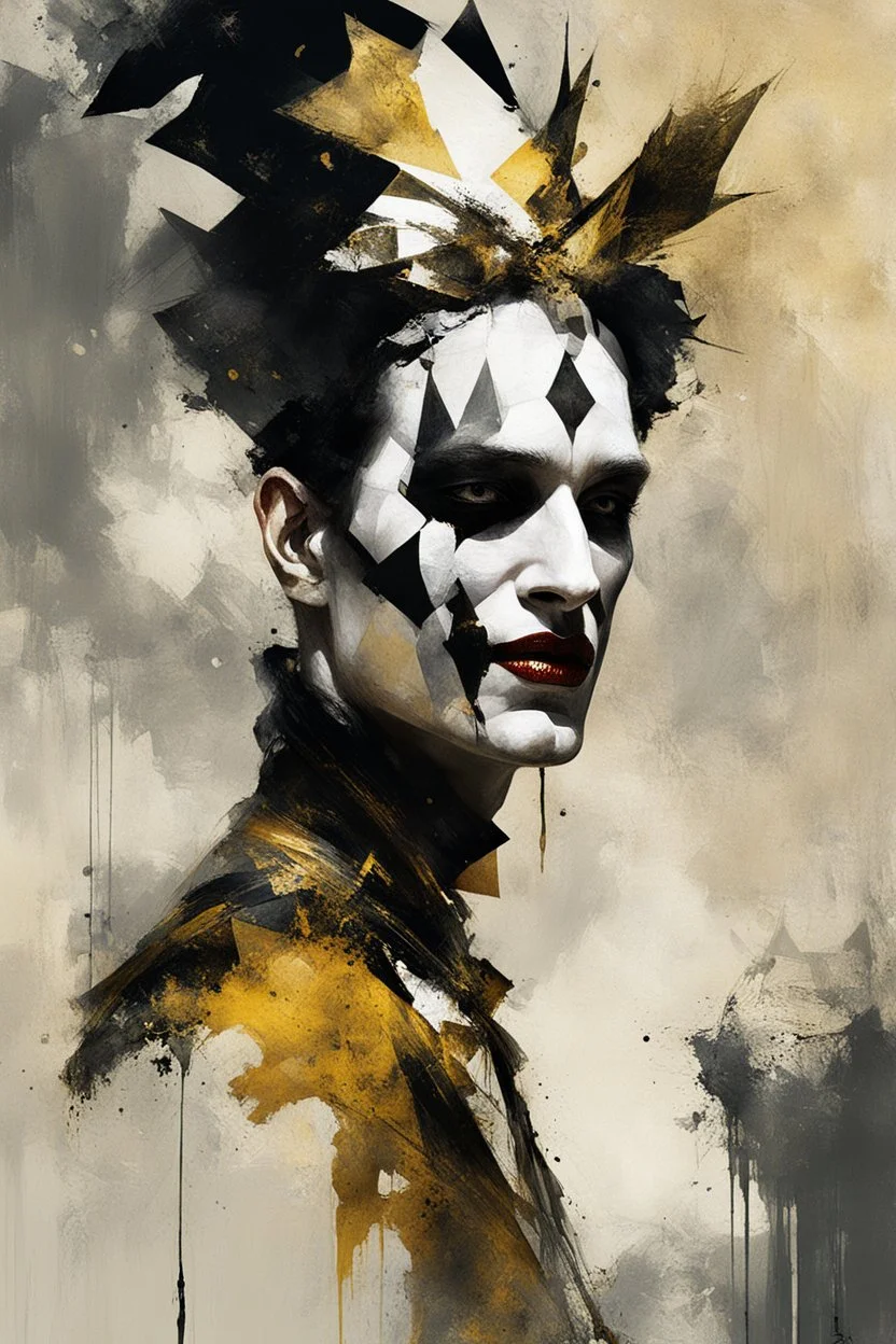 Digital Art of merry harlequin embodying the essence of merriment in a , minimalist approach, influenced by Luis Miranda, Jeremy Mann, Jeffrey Catherine Jones, blends conceptual art with elements of painting and illustration, somber tones, fragmented souls, shadow play, diffuse textures, abstract forms, digital painting, high conceptuality, palette inspired by Jeffrey Catherine Jones, golden ratio composition, fine detail, cinematic lighting.