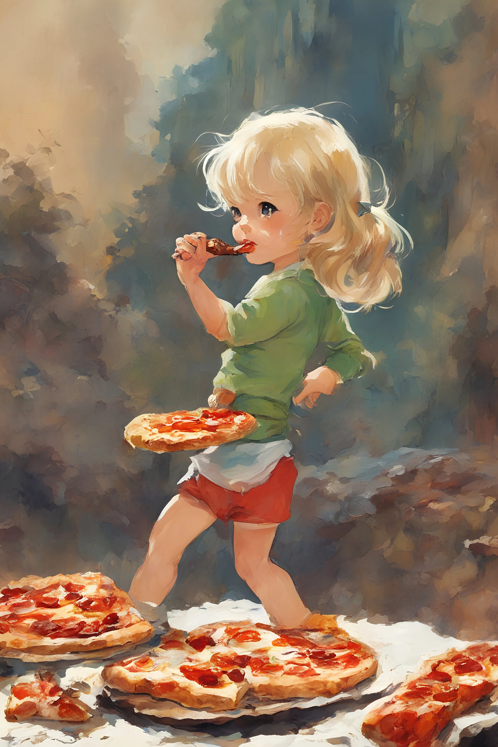 full color anime - a tiny little blonde girl in shorts and a turtleneck sweater eating a slice of pizza - digital art by Frank Frazetta