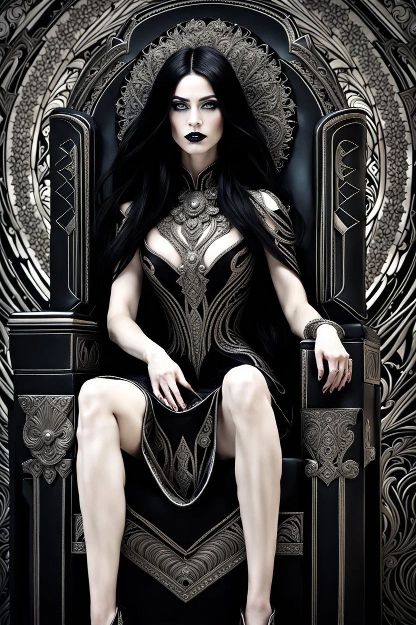 detailed beautiful goddess Hel with long black hair, pale white skin, detailed eyes, sitting on the throne of Helheim, inquisitive spirit | inspiration | dark colors, intricate detailing, surrealism, fractal hair, enigmatic villainess smile, dressed in complex chaotic fractal leather, artificial nightmares style, reflective eyes, detailed eyes, detailed art deco ornamentation, Cinematic lighting, Volumetric lighting,Photorealism, Bokeh blur, Very high detail, Sony Alpha α7, IS1900