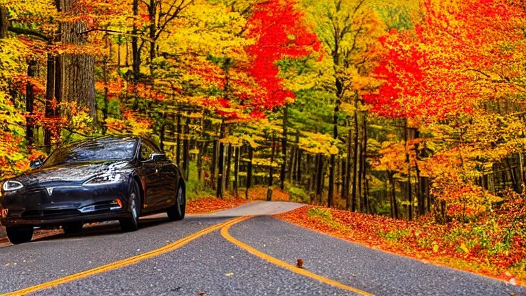A Tesla's 'Model S Plaid' is racing at top speed, across the 'Great Smoky Mountains' National Park, in Tennessee. CINEMATIC. WIDE ANGLE LENS. PHOTO REAL.