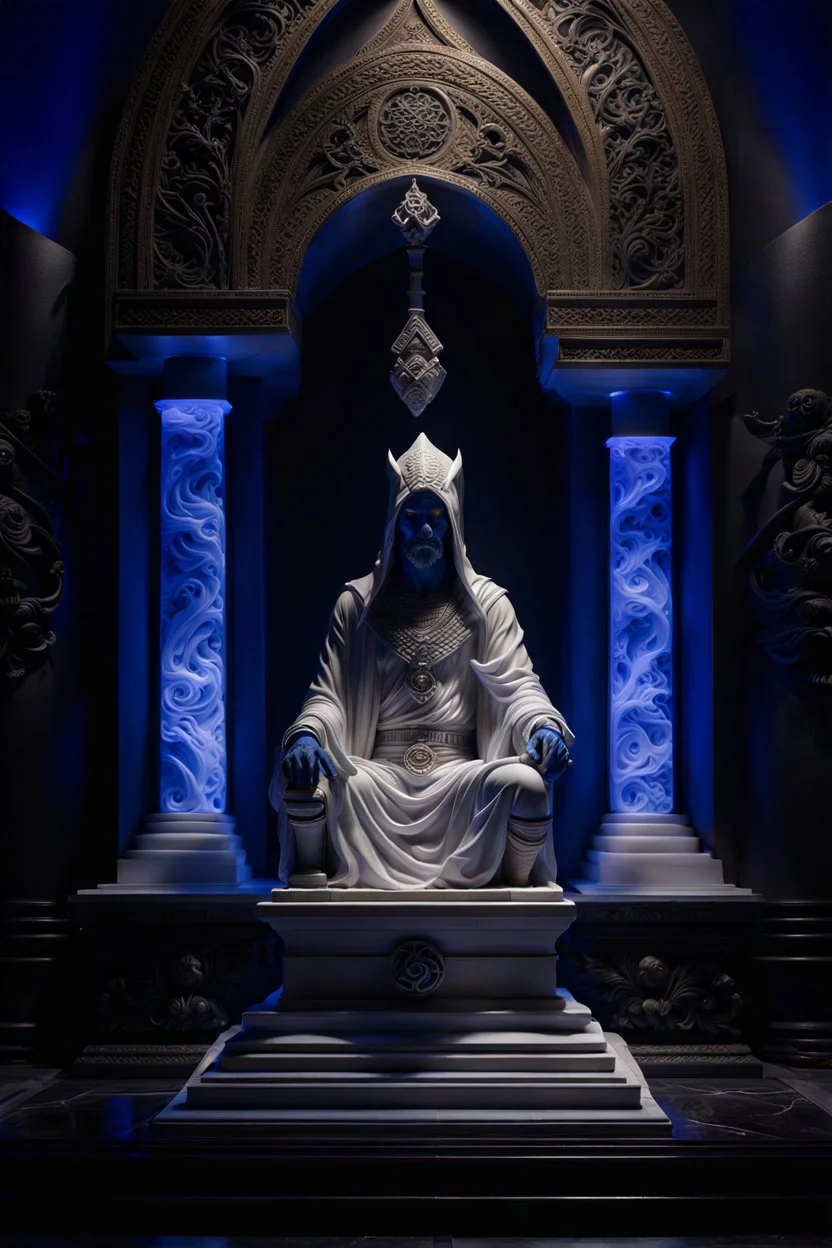 highly detailed marble and lapis lazuli sculpture of a male necromancer, transparent nail polish, beautiful hands, stunning face, volumetric fog, Hyperrealism, breathtaking, ultra realistic, unreal engine, ultra detailed, cyber background, Hyperrealism, cinematic lighting, highly detailed, breathtaking, stunning environment