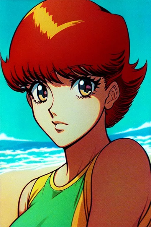 1girl, retro anime, 80's, redhead,portrait, synth-wave colors, beach