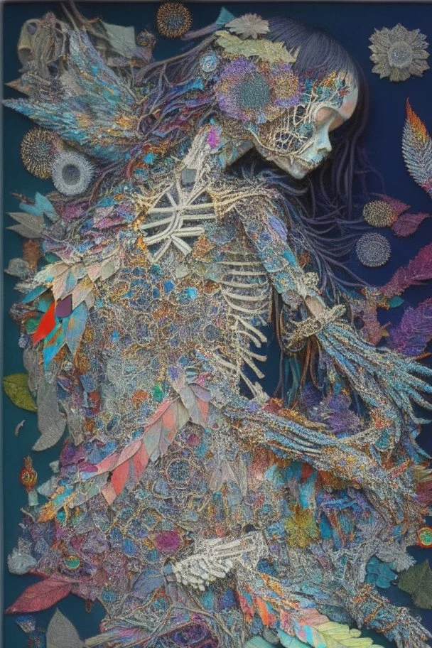 Partially skeletonized Girl cobbling together an "I' out of a patchwork quilt of many colors consisting of mixed media such as feathers, foliage, flowers, gemstones, and shiny trinkets; quilling, award-winning, masterpiece, portfolio piece Fantastical, Intricate, Hyperdetailed, Holographic, Magnificent, Meticulous, Mysterious