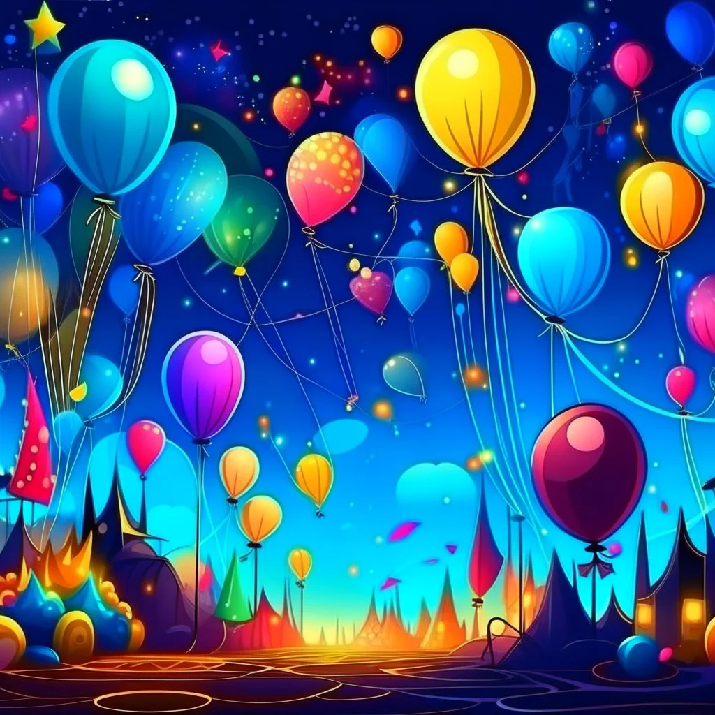 fiber drawing of a birthday party in the sky at night, on the clouds, with colorful light bulbs, garlands, pennants, balloons, confetti, party spirit, music, the stars shine and dance