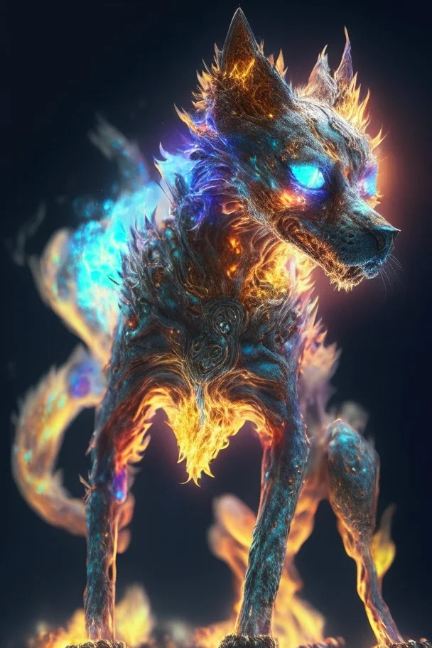 Zombie dog cat fire dragon humanoid fused alien ,extremely detailed,crystal clear, mystical colors ,perfectly centered image, perfect composition, rim light, beautiful lighting, 8k, stunning scene, raytracing