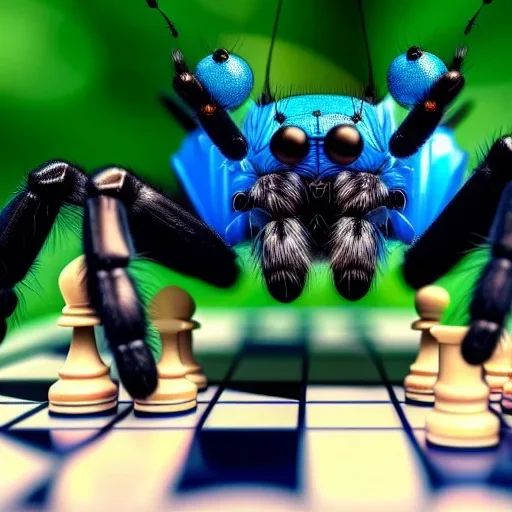 close up of a large hairy blue spider smiling and playing chess, photorealistic, blender render, wide angle lens, 4k, two birds, jungle,