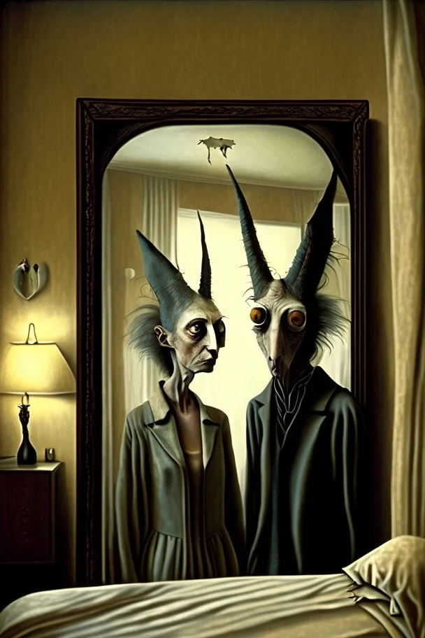 a couple male and female with distinct personality by ashley wood, leonora carrington, hieronymus bosch and mark ryden, alone in a hotel room : : portrait through a mirror : : ultra - detailed technical precision : : matte painting, high definition 3 d render, unreal engine