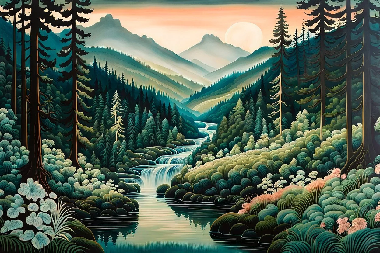 a dramatic, highly detailed painting of a lush Pacific Northwest forested river valley landscape in the pale light of dawn, in the style Gary Baseman , vibrant natural colors, with fine ink outlining, museum quality masterpiece