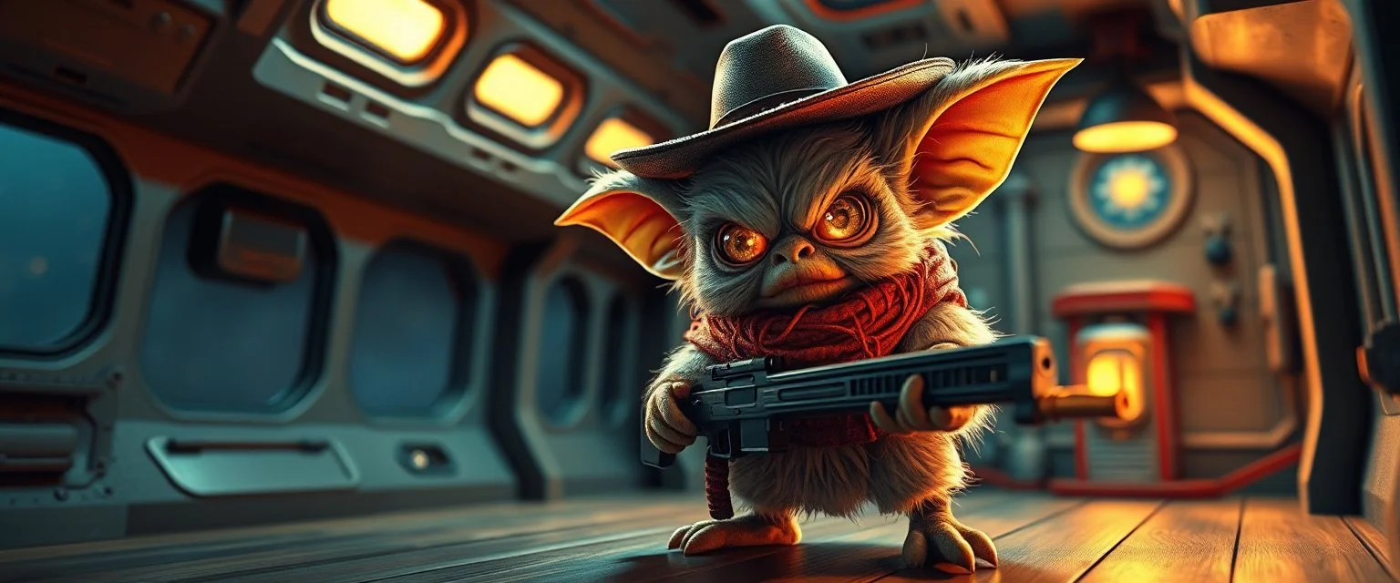 air brush 3d with pen outline,spaghetti boss gunslinger western fluffy elder gremlin edgy hero with slightly glowing eyes in front of glistening space lobster dog, shallow depth of field, warm lantern, pin hole cam in doll house space ship, bottom floor board edge border