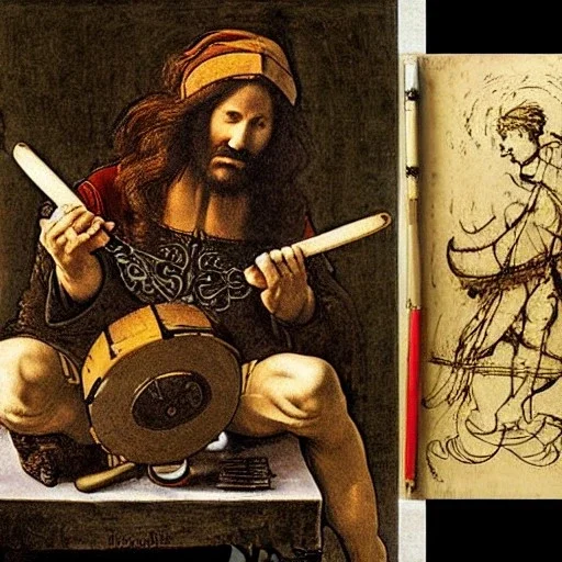 leonardo da vinci, crazy, playing drums, art nouveau, art renaissance