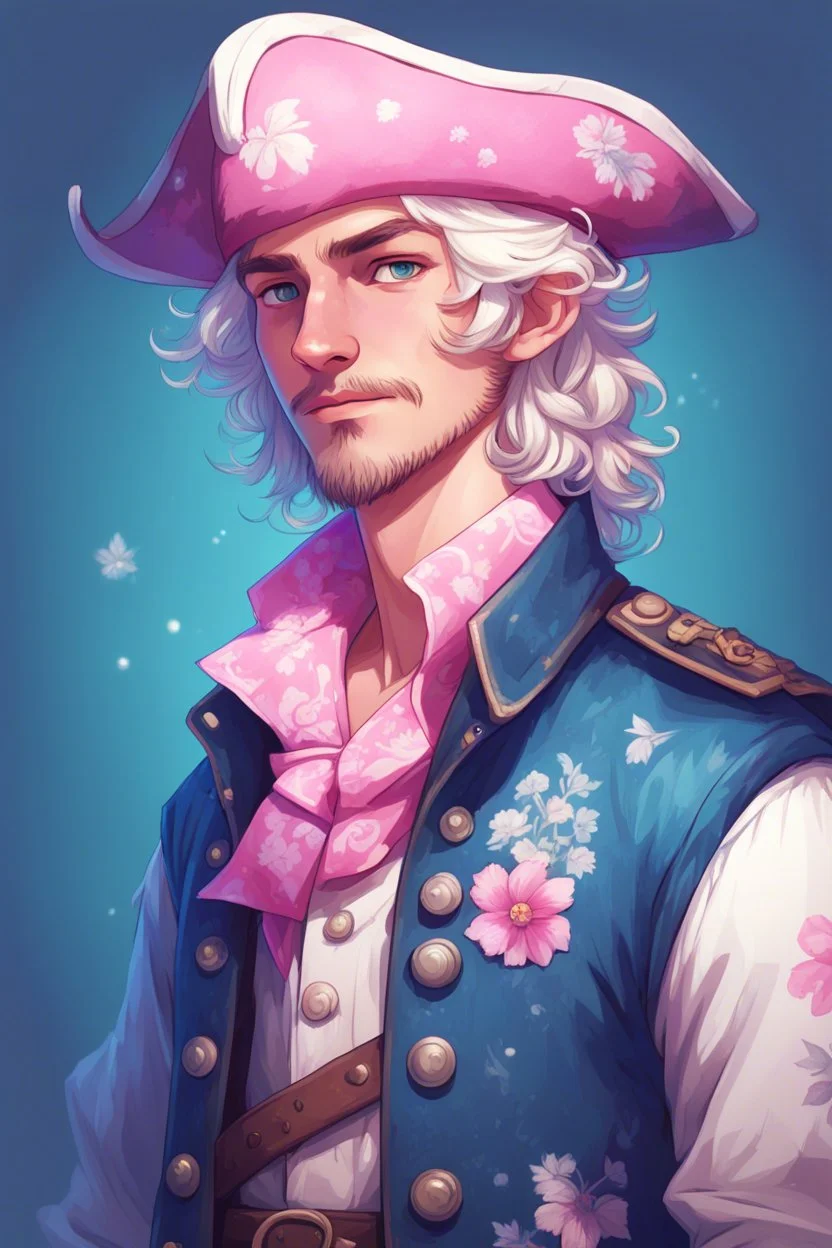 kind young sailor, man, white slightly curly hair, pirate shirt, pink-azure clothes, pink-azure cocked hat in cold tones, white floral pattern on jacket, flower in hair, stardew valley style