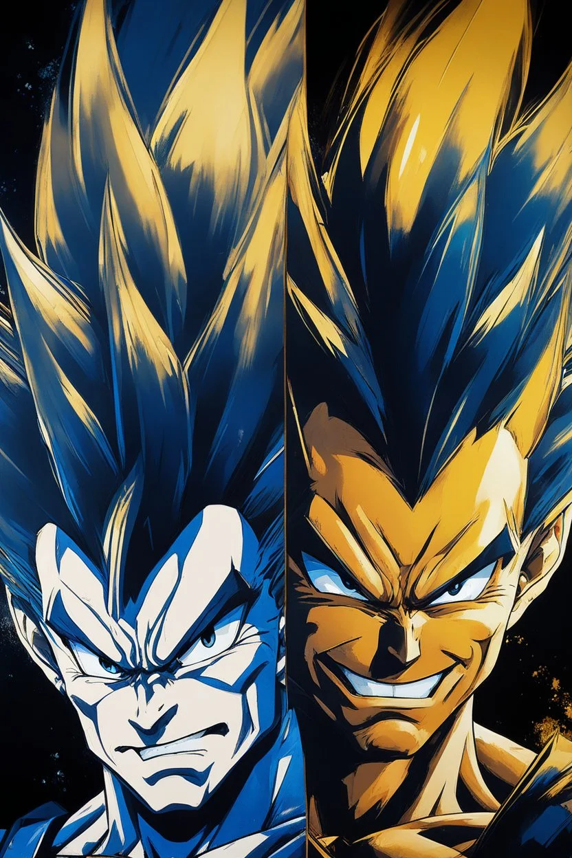 Poster in two gradually, a one side the vegeta face, another side "goku face", midle faces, painting by Yoji Shinkawa, darkblue and GOLD tones,sinister, detailed iridescent, metallic, translucent, dramatic lighting, hyper futuristic, digital art, shot with Sony Alpha a9 Il and Sony FE 200-600mm f/5.6-6.3 G OSS lens, natural light, hyper realistic photograph, ultra detailed -ar 3:2 -q 2 -s 750,malevolent goth vampire girl face and other side