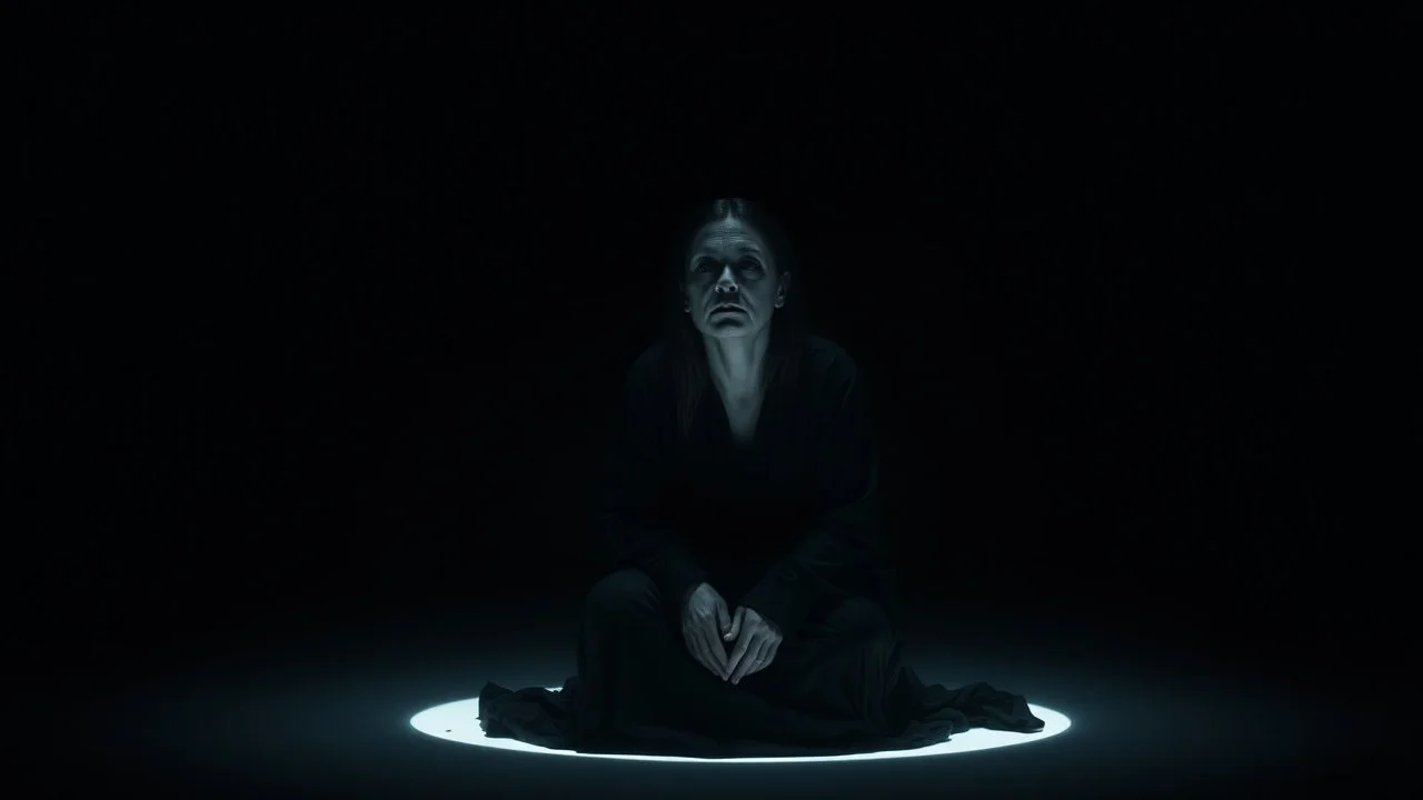 A solitary woman sitting alone in an endless void of darkness, pale skin, large hollow dark eyes with deep shadows underneath, wearing tattered black robes, empty expression, staring into nothingness. Only a faint circle of dim light surrounds her. Absolute loneliness, emotional emptiness, existential despair, abandonment, silence, vast darkness consuming everything beyond the light. No other people, no eyes, no silhouettes, no figures in the darkness, pain, empty soul, surreal, thriller