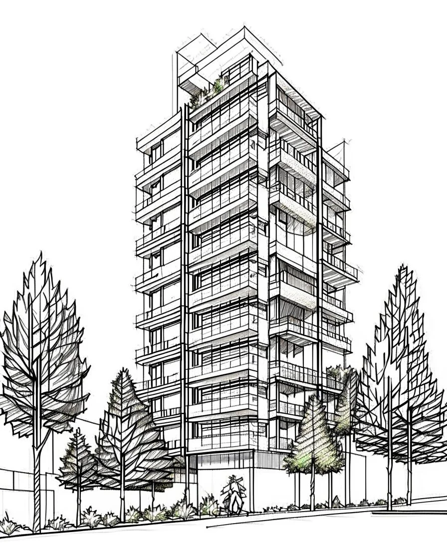 Dibujo arquitectónico de un edificio de cinco pisos, moderno, minimalista, calidad ultra, árboles, gente