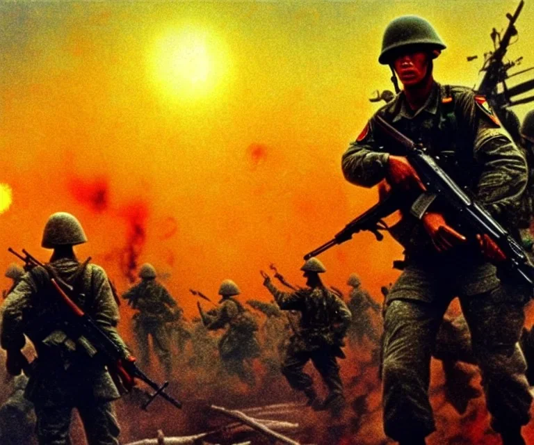 vietnam war. war. napalm. bokeh. lens flare. warm lights. high detailed. beksinski