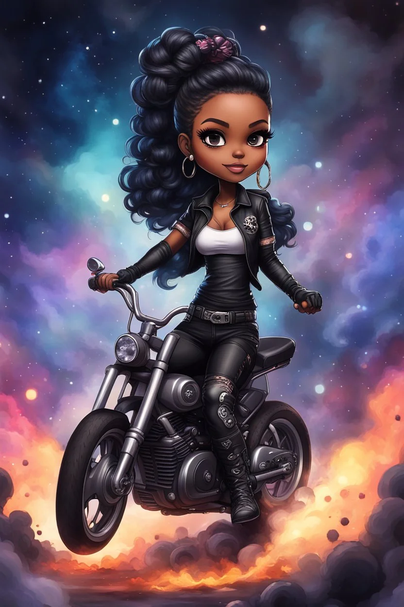 Create a galaxy art illustration of a chibi cartoon full figure black female riding a sports motorcycle. She is wearing tie dye and black tights with biker boots. Prominent make up with log lashes and hazel eyes. Extremely highly detailed black shiny wavy hair up in a messy bun. Background of smoke surrounding her and the bike and she's at a bike show.