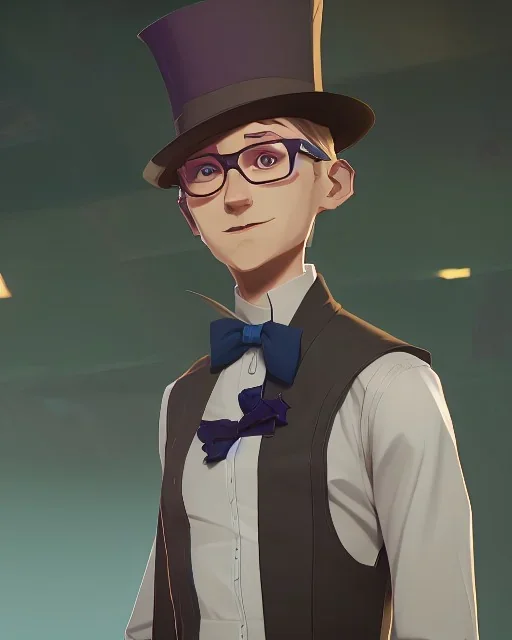 tall young man witbh square glasses, blonde hair and grey eyes. He wears blue shirt, dark tails, bow tie and chimney pot hat. He is lauging. He has a cat with sharp teeth and claws.