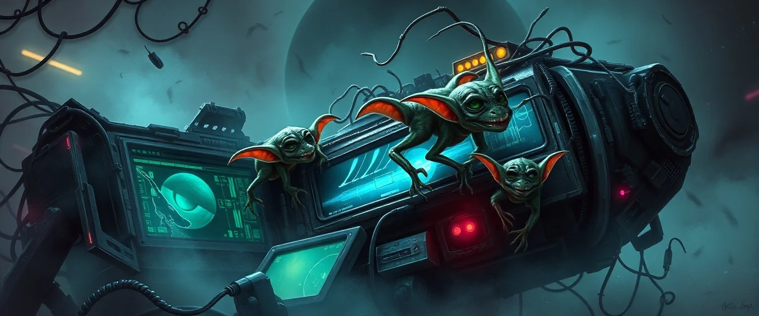 Small alien gremlin scavengers crawling over a crashed spaceship, broken screens glowing, tangled wires like vines, foggy neon atmosphere, mischievous eyes in shadow, airbrush sci-fi fantasy poster, playful but dangerous tone