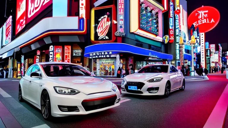 A Tesla's 'Model S Plaid' is racing at top speed, across the 'Universal Studios Japan', in Osaka. CINEMATIC. WIDE ANGLE LENS. PHOTO REAL.