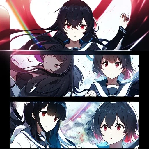 Clear focus,High resolution,High quality,Epic battle scene comic style, With 2girls, with color, anime girl with rainbow hair, the other girl as black hair, the first girl has red eyes, the other has black eyes, they are both wearing a school uniform