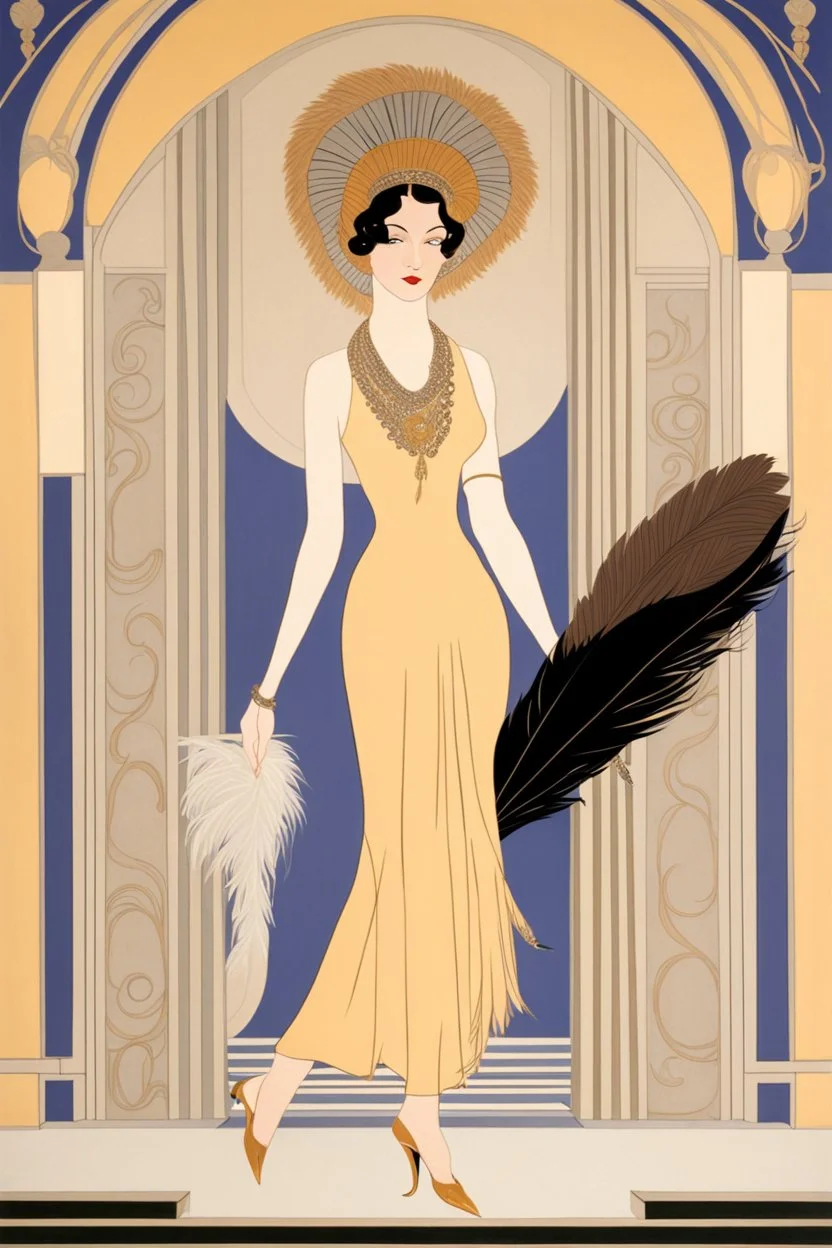 a woman with feathers in an Art Deco foyer by artist "Erte"