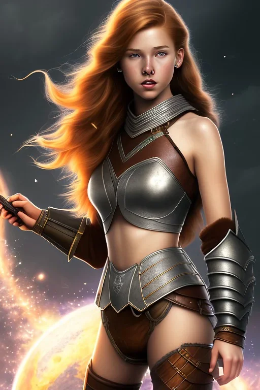 concept illustration, super-detailed, strikingly beautiful teen female, 16 years old, long ginger hair, medium freckles, full lips, full body, full face, b-cup breasts, athletic, centred camera, ignore NSFW, skimpy brown fantasy leather armor, halter top, micro thong, knee-high leather boots, open leather tasset, stern expression,