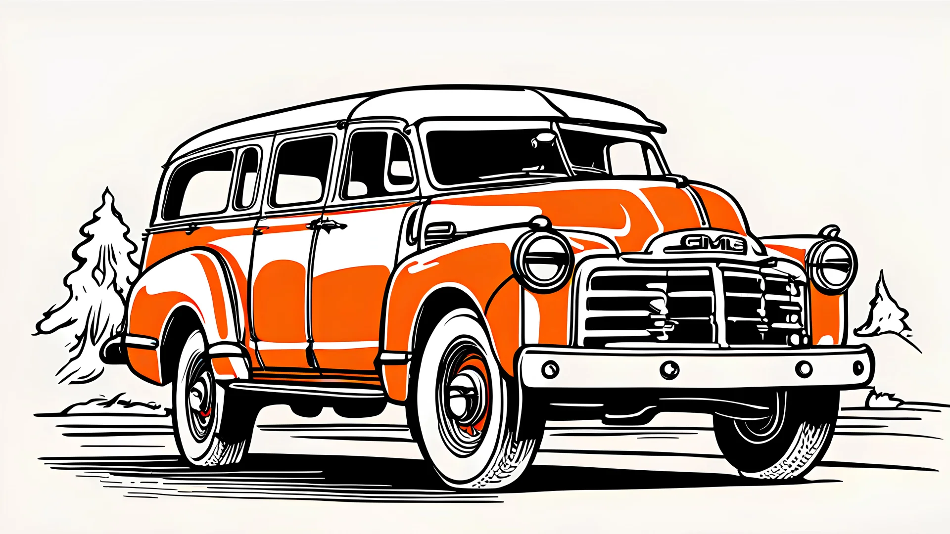 1952 GMC Suburban Carry All Wagon, long chasis, portrait in the style of a illustration drawing, simple line