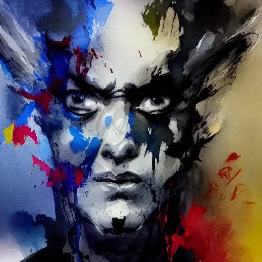 Fullbody portrait of an abstract angelic demon looking at a mirror, colorful charcoal painting, by yoji shinkawa on lsd, erratic brush strokes, sense of dread and death and blood, greg rutkowski, rough