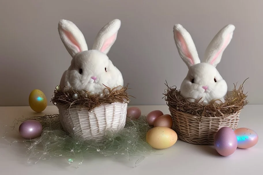 cute chibi plushy fluffy knitted and embroidered natural colored easter bunny in basket, feathers, easter eggs, iridescent flowers incorporated, light emitting, cracked bioluminescent holographic marble background, silver foil, sparkling diamonds, holographic raw pearls, ethereal, cinematic postprocessing