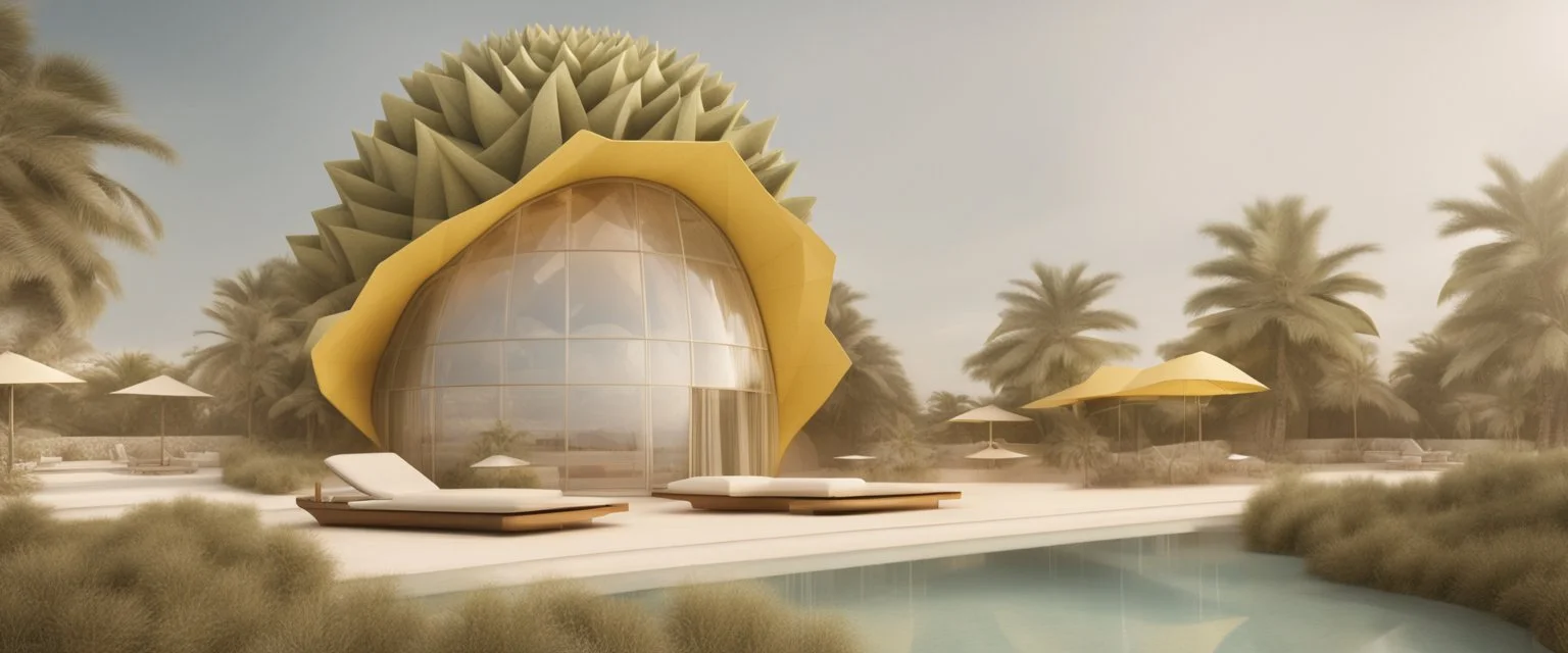 A tourist resort in the shape of a pineapple, interior design, facade