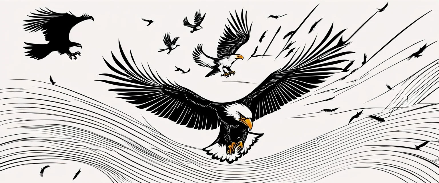 energetic lines blowing across the composition, eagle chasing smaller birds on the right, a few feathers trailed behind, vector black on white