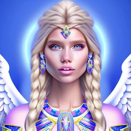 portrait of a beautiful aztecan woman with an angel face smiling,long blond hair, blue eyes, pink and blue dress, jewels, soft light aura