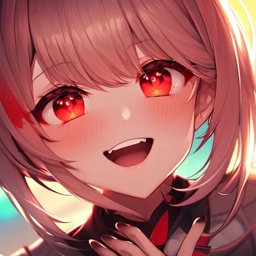 Clear Focus, High resolution, girl laughing, glowing red eyes, extreme close up