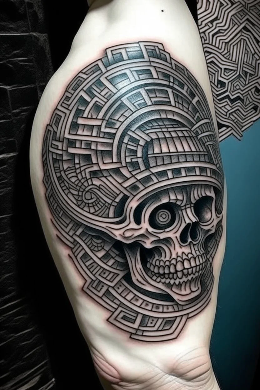 Shape of a labyrinth in a skull a new age tattoo style