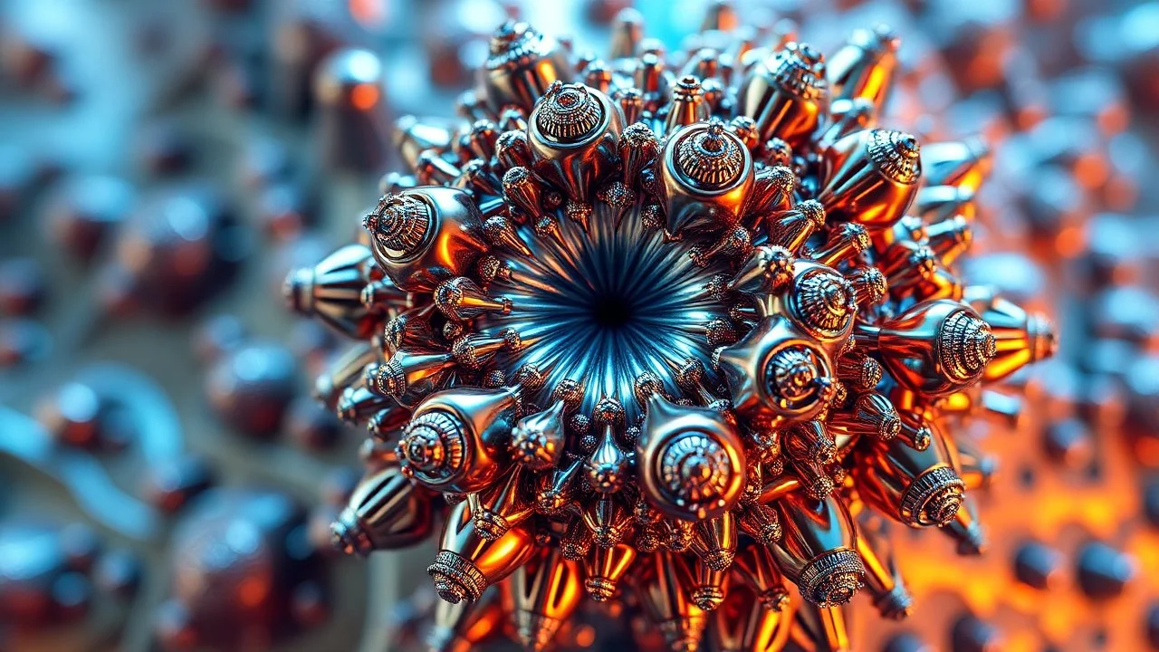 a mandelbulb 3d fractal made of metallic color 3d structures, pertty artistc background