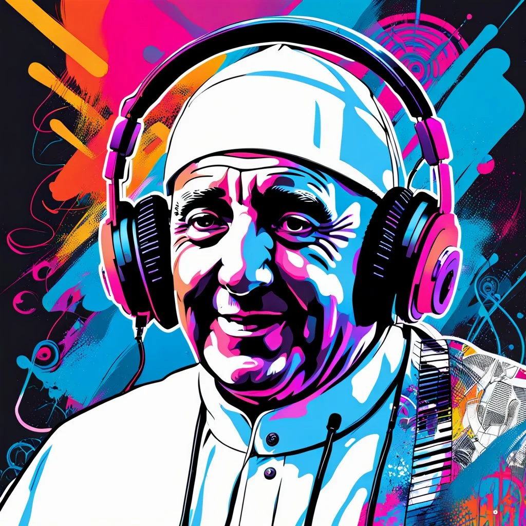 Illustrative sketch of Pope Francis in music with headphones, contrasting colors, ultra quality, hyper detailed, graffiti, concept art, maximalism, 8k